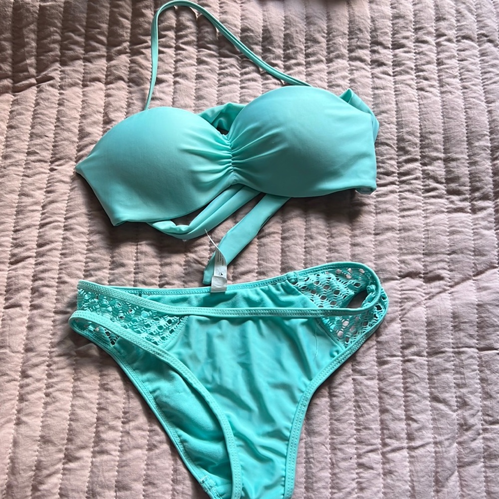 blue bathing suit. top is XS bottom is S!!